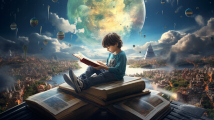 Little boy reading book and imagining to virtual reality landscape background. - Powered by Adobe