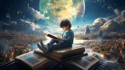 Poster Little boy reading book and imagining to virtual reality landscape background. © Virtual Art Studio