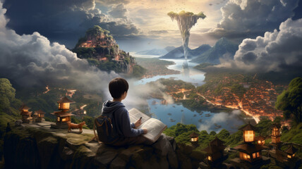 Little boy reading book and imagining to virtual reality landscape background.