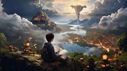 Wandcirkels plexiglas Little boy reading book and imagining to virtual reality landscape background. © Virtual Art Studio