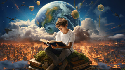Little boy reading book and imagining to virtual reality landscape background. - obrazy, fototapety, plakaty