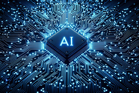 Circuit board illustration lit in electric blue, circuits converge at a central 'AI' chip. The design highlights cutting-edge technology and immense processing power
