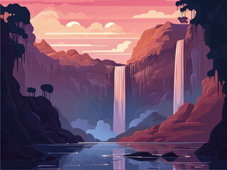 Beautiful abstract waterfall cartoon, anime background. Waterfall in green jungle rainforest vector illustration. Cartoon tropical panoramic landscape with river water falling down from mountain rocks