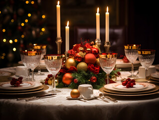 Elegant Christmas dinner table, celebration candle, glasses, plates, Christmas tree