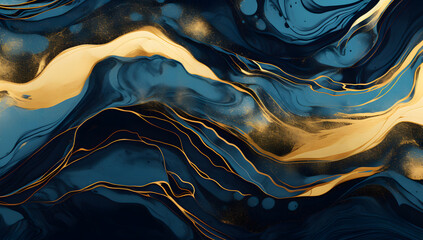 A blue and gold abstract art print, in the style of naturalistic landscape backgrounds,