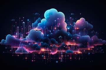 Neon geometric shape on cloud background, futuristic technolog - obrazy, fototapety, plakaty