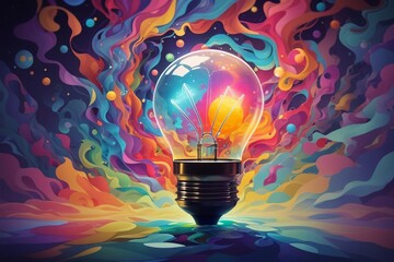 Abstract colorful light bulb illustration - Emitting color rays instead of light rays    - obrazy, fototapety, plakaty