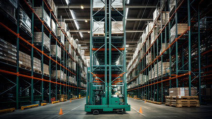 Warehouse with racks and shelves, filled with wooden boxes on pallets, Distribution products, Warehouse industrial and logistics companies, Commercial warehouse - obrazy, fototapety, plakaty