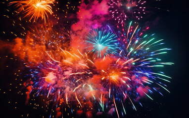 Fototapeta premium Colorful fireworks on black background,created with Generative AI tecnology.
