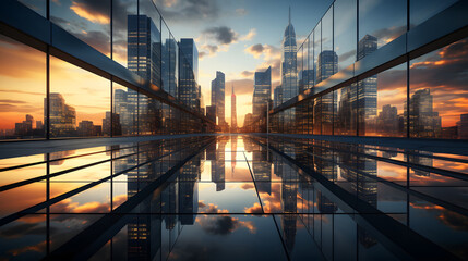 Reflective skyscrapers, business office buildings. low angle view of skyscrapers in city, sunset. Business wallpaper with modern high-rises with mirrored windows.