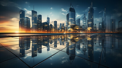 Reflective skyscrapers, business office buildings. low angle view of skyscrapers in city, sunset. Business wallpaper with modern high-rises with mirrored windows.