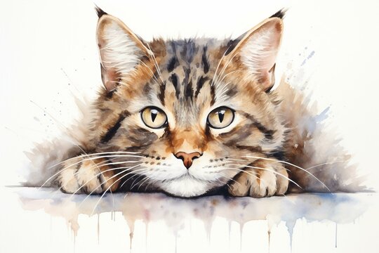 A watercolor painting of a cat on a white background. Generative AI