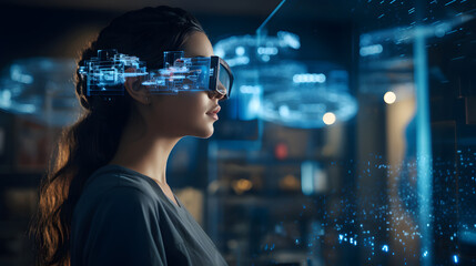 Software, coding hologram and woman on tablet thinking of data analytics, digital technology and night overlay. Programmer or IT person in glasses on 3d screen, programming and cybersecurity research 