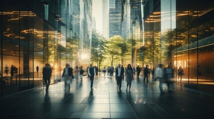 Obraz premium Blurred people walking in business district, Generative AI
