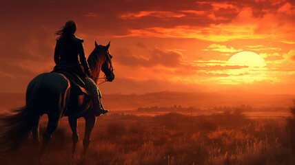 A woman riding a horse in a field at sunset