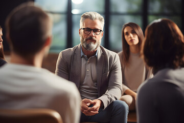 mature male psychotherapist leading therapy meetin.