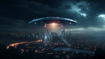ufo flying close up, copy space, city background in morning day time, Generative AI