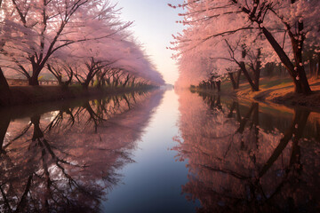 nature Cherry blossom lined of river.