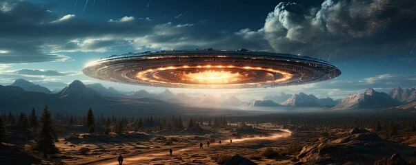 ufo flying close up, copy space, city background in morning day time, Generative AI