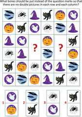 Halloween picture domino sudoku logic puzzle 2 (second) with bats, spider, witch hat, black cat, pumpkin, ghost
