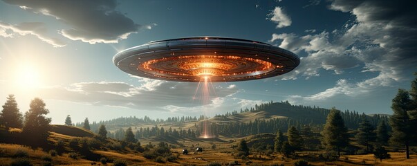 ufo flying close up, copy space, city background in morning day time, Generative AI