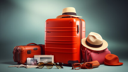baggage travel. Red suitcase with travel accessories such as sunglasses, hat and camera on background
