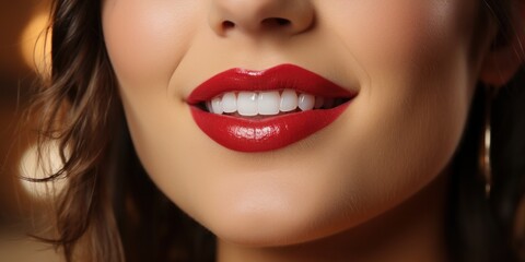 Fototapeta premium smiling mouth of a young woman with beautiful teeth on her lips, generative AI