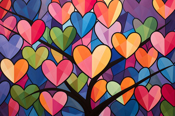 Fototapeta na wymiar Love and Valentine's Day concept. Abstract background made of classic colorful hearts shape symbol decorations with copy space. Generative AI