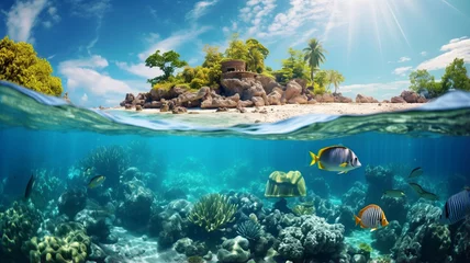 Foto op Aluminium beautiful tropical island with coral reef full of fish swimming underwater,  © SAHURI