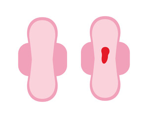 Daily sanitary pad with pathology or menstruation blood and clean icon set isolated on white background. Female blood flow loss on napkin. Flat design vector feminine hygiene concept illustration.