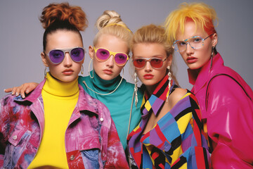 Fashion, style, make-up concept. Group of beautiful girl models posing with colorful clothing. 90's style outfit. Vivid colors. Generative AI