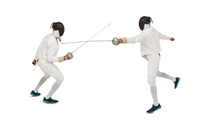 Digital png photo of two swordsmen during fight on transparent background