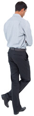 Digital png photo of back view of biracial businessman looking down on transparent background