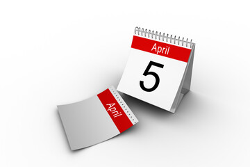 Digital png illustration of calendar with april 5 text and empty card on transparent background