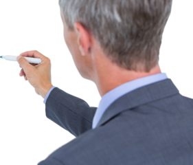 Digital png photo of back view of caucasian businessman writing on transparent background