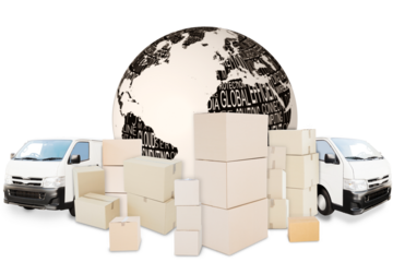 Digital png illustration of globe, cars and many boxes on transparent background