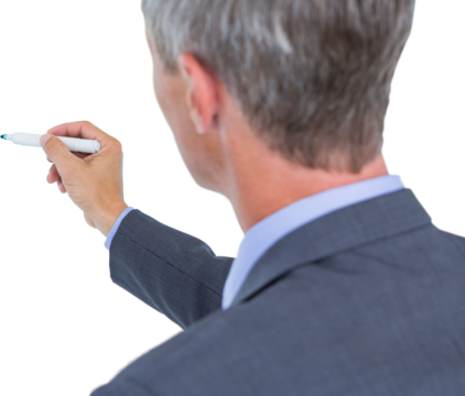 Digital png photo of back view of caucasian businessman writing on transparent background