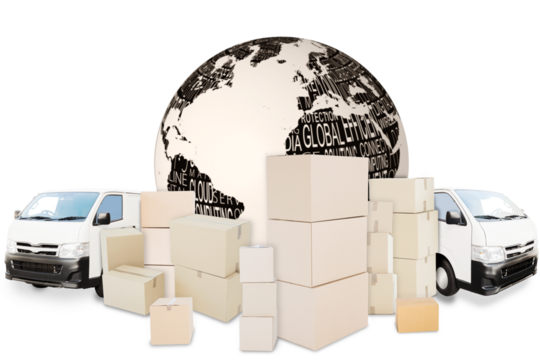 Digital png illustration of globe, cars and many boxes on transparent background