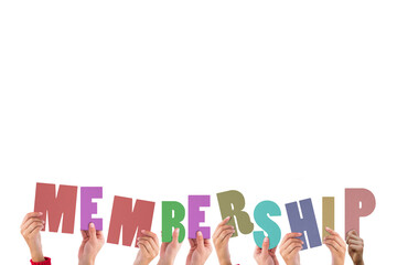 Digital png illustration of hands and membership text on transparent background