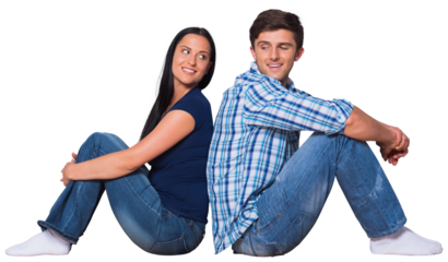 Digital png photo of happy caucasian couple sitting back to back on transparent background