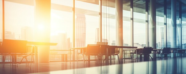 beautiful blurred background of a light modern office interior with panoramic windows and beautiful lighting, Generative AI