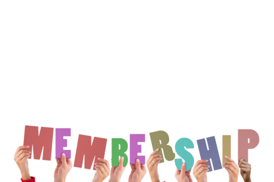 Digital png illustration of hands and membership text on transparent background - Powered by Adobe