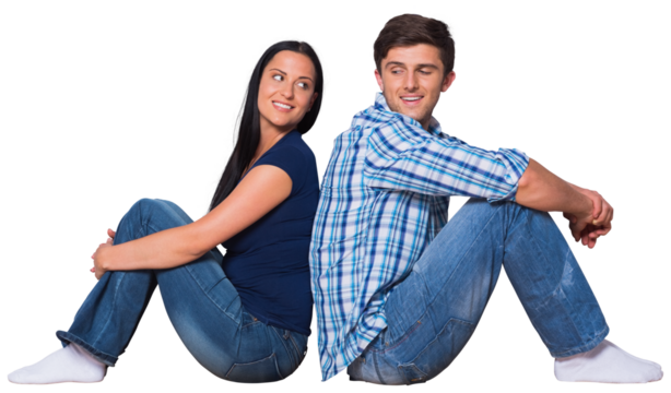 Digital png photo of happy caucasian couple sitting back to back on transparent background