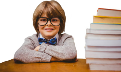 Digital png photo of happy boy with glasses sitting with books on transparent background