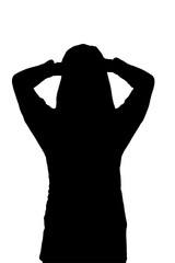 Digital png silhouette of woman with long hair and hands on head on transparent background