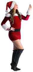 Digital png photo of happy caucasian woman in santa costume looking upon transparent background