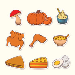 Thanksgiving Sticker Collection, mushroom, pumpkin, meat, soup, Thanksgiving element