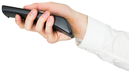 Digital png photo of hand of caucasian man holding remote on transparent background