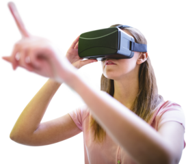 Digital png photo of caucasian woman using vr headset and pointing on transparent background