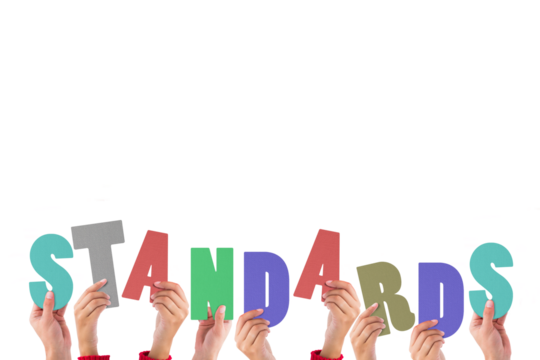 Digital png illustration of hands with standards text on transparent background - Powered by Adobe